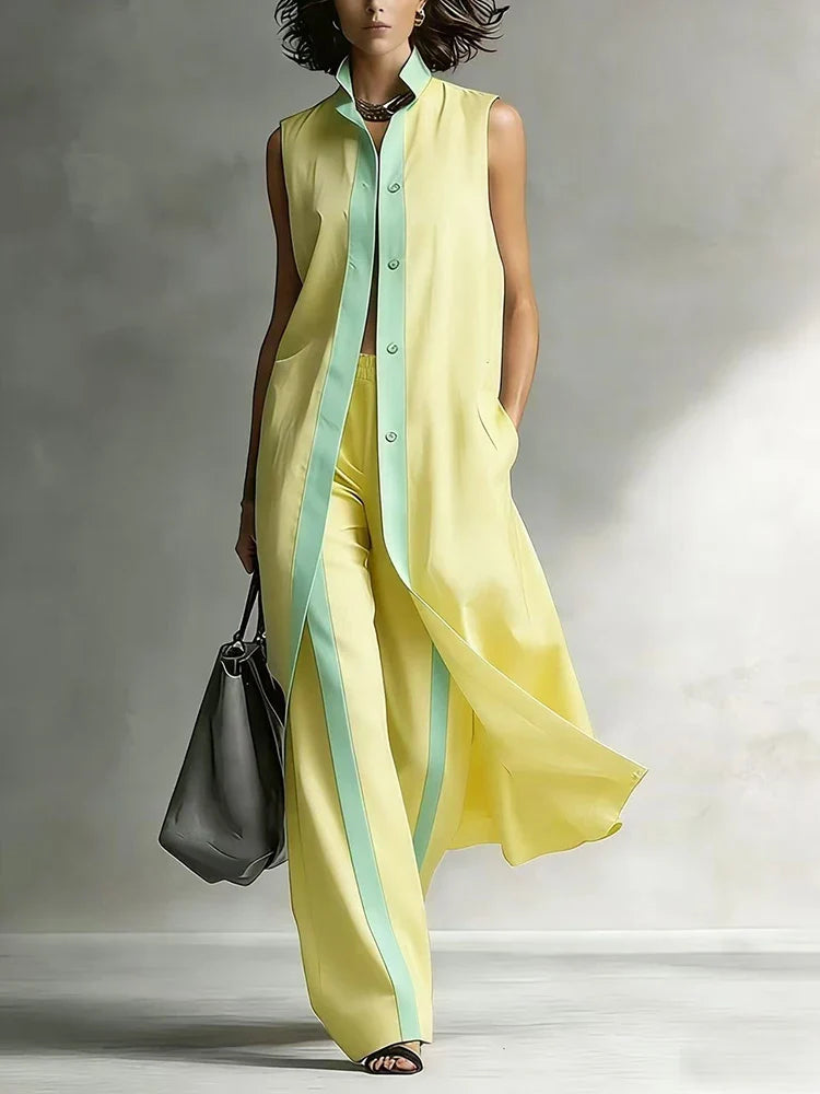 Women's Sleeveless Two-Piece Set - Contrast Color Button Top & Wide Leg Pants