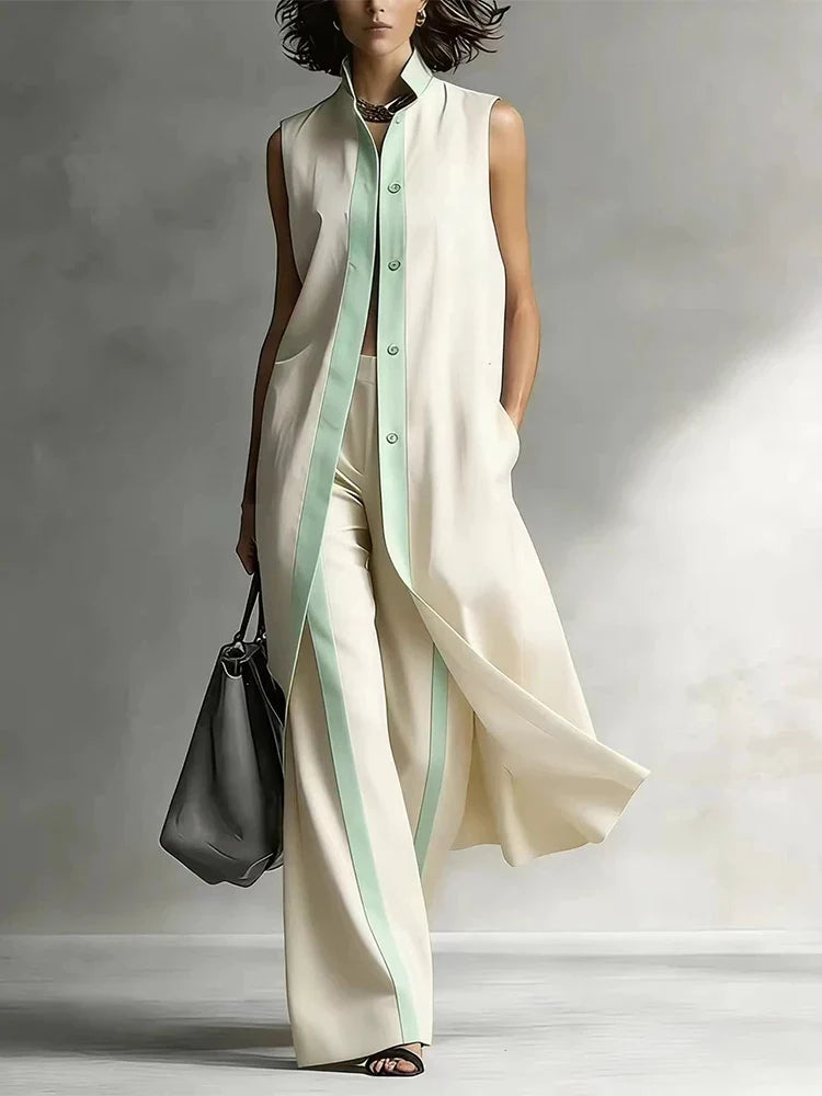 Women's Sleeveless Two-Piece Set - Contrast Color Button Top & Wide Leg Pants
