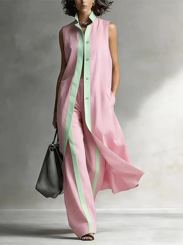 Women's Sleeveless Two-Piece Set - Contrast Color Button Top & Wide Leg Pants