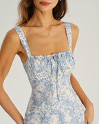 Floral Midi Dress for Women - White and Blue, Wide Strap, Casual Summer Wear