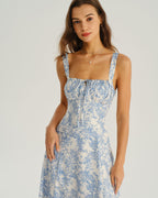Floral Midi Dress for Women - White and Blue, Wide Strap, Casual Summer Wear