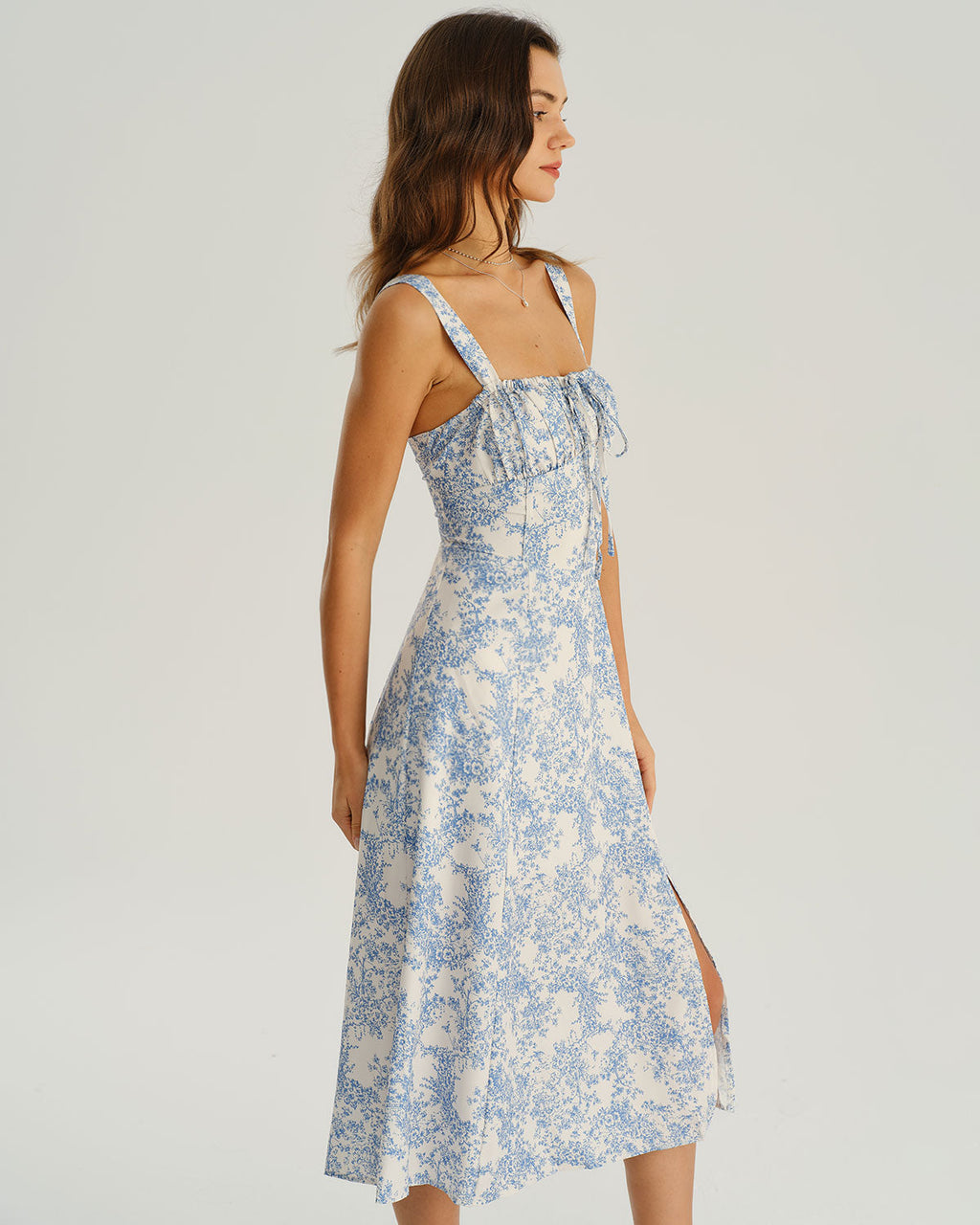 Floral Midi Dress for Women - White and Blue, Wide Strap, Casual Summer Wear