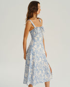 Floral Midi Dress for Women - White and Blue, Wide Strap, Casual Summer Wear