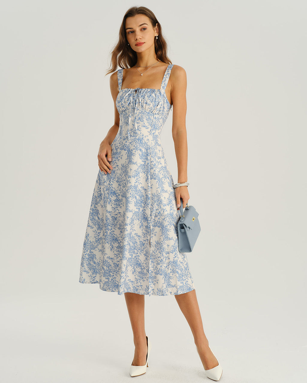 Floral Midi Dress for Women - White and Blue, Wide Strap, Casual Summer Wear