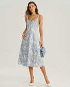 Floral Midi Dress for Women - White and Blue, Wide Strap, Casual Summer Wear