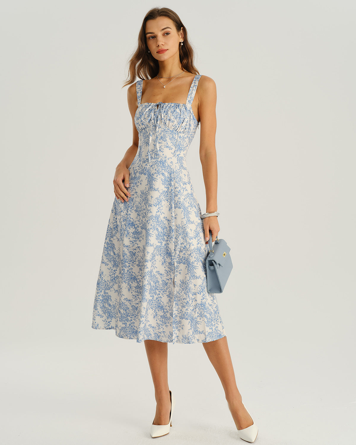 Floral Midi Dress for Women - White and Blue, Wide Strap, Casual Summer Wear