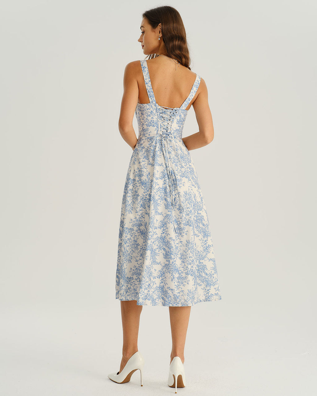 Floral Midi Dress for Women - White and Blue, Wide Strap, Casual Summer Wear