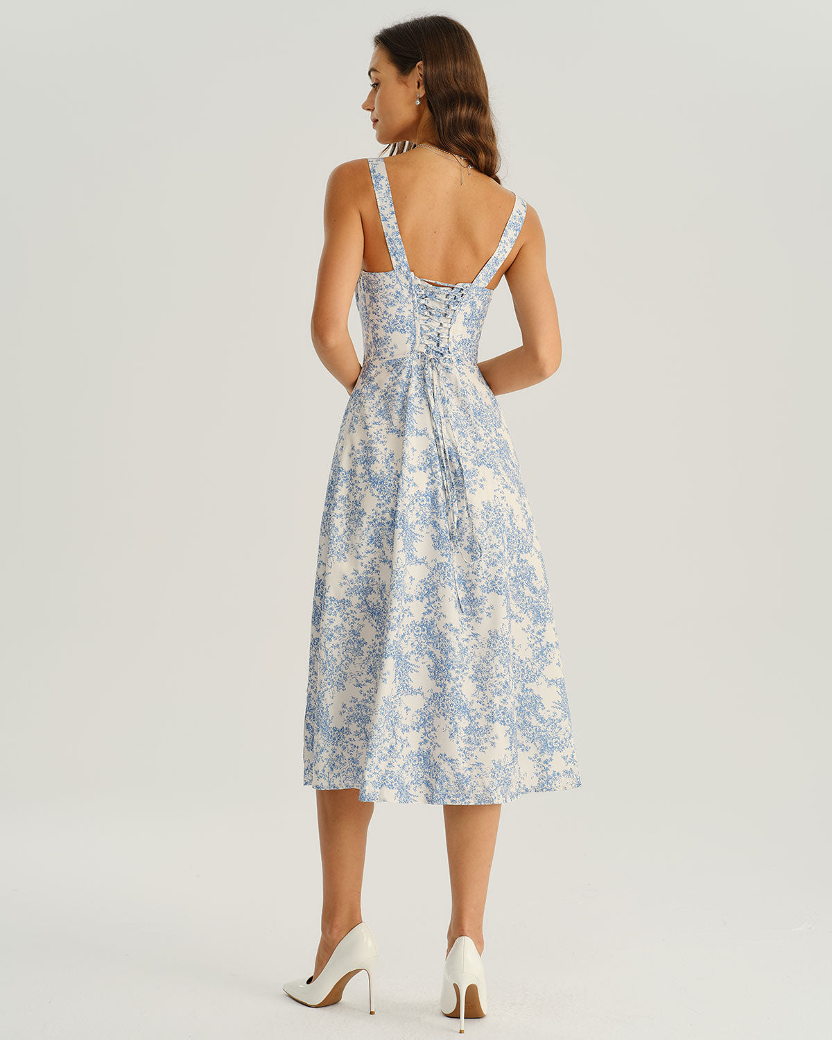 Floral Midi Dress for Women - White and Blue, Wide Strap, Casual Summer Wear