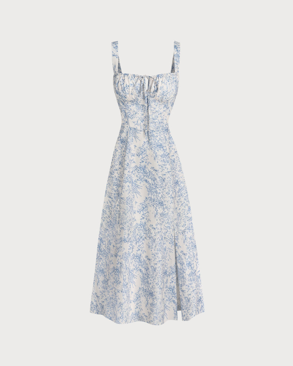 Floral Midi Dress for Women - White and Blue, Wide Strap, Casual Summer Wear