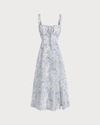 Floral Midi Dress for Women - White and Blue, Wide Strap, Casual Summer Wear