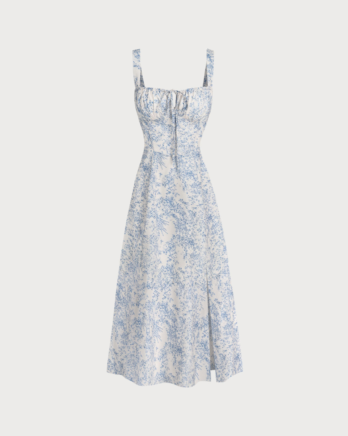 Floral Midi Dress for Women - White and Blue, Wide Strap, Casual Summer Wear