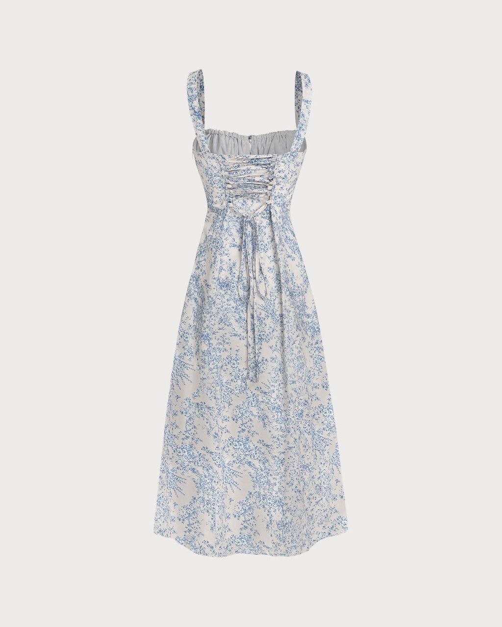 Floral Midi Dress for Women - White and Blue, Wide Strap, Casual Summer Wear