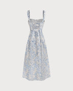 Floral Midi Dress for Women - White and Blue, Wide Strap, Casual Summer Wear