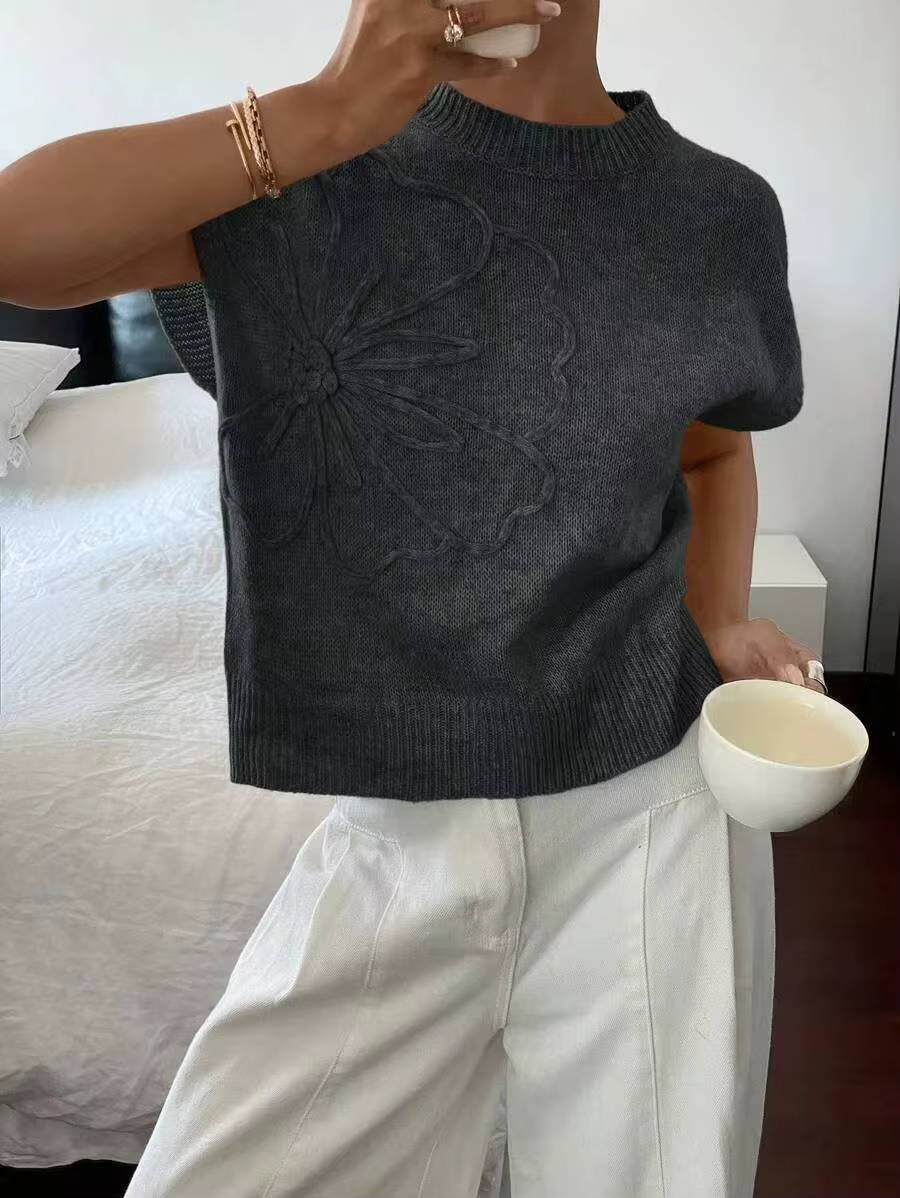 Floral Knit Summer Sweater Top - Lightweight Boxy Cap Sleeve Crew Neck