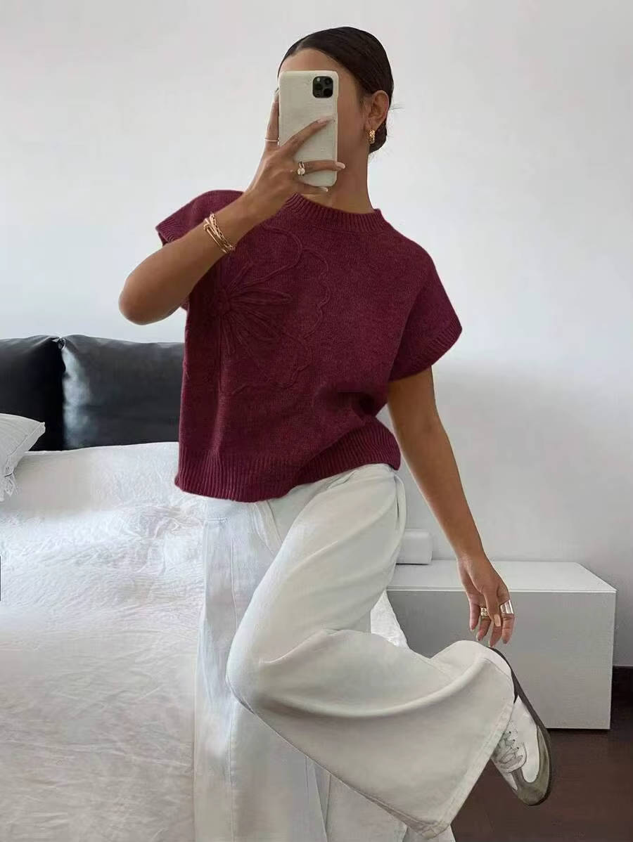Floral Knit Summer Sweater Top - Lightweight Boxy Cap Sleeve Crew Neck