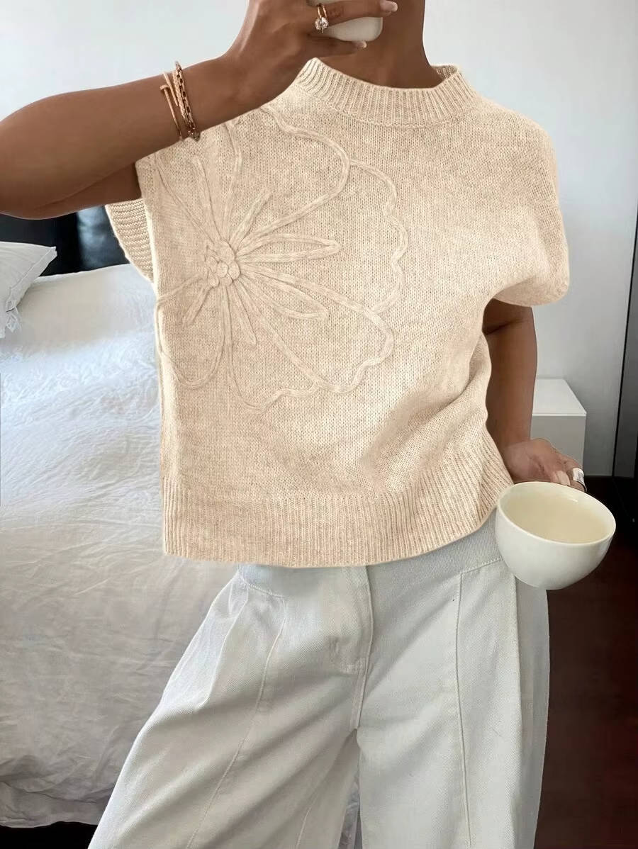 Floral Knit Summer Sweater Top - Lightweight Boxy Cap Sleeve Crew Neck