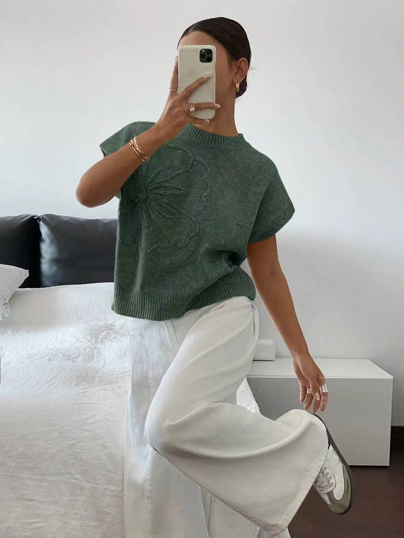 Floral Knit Summer Sweater Top - Lightweight Boxy Cap Sleeve Crew Neck
