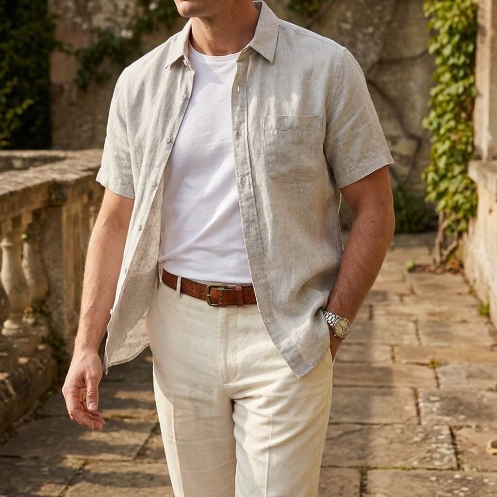 Men's Lightweight Button-Up Shirt - Relaxed Fit Spread Collar for Beach & Dinner