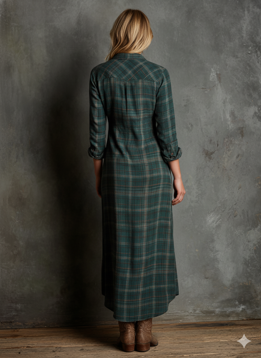 Plaid Maxi Dress for Women - Lapel, Single-Breasted, Casual Style