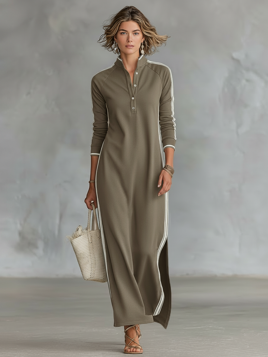 Women's White-Trimmed Button-Down Maxi Sweatshirt Dress for Casual Wear
