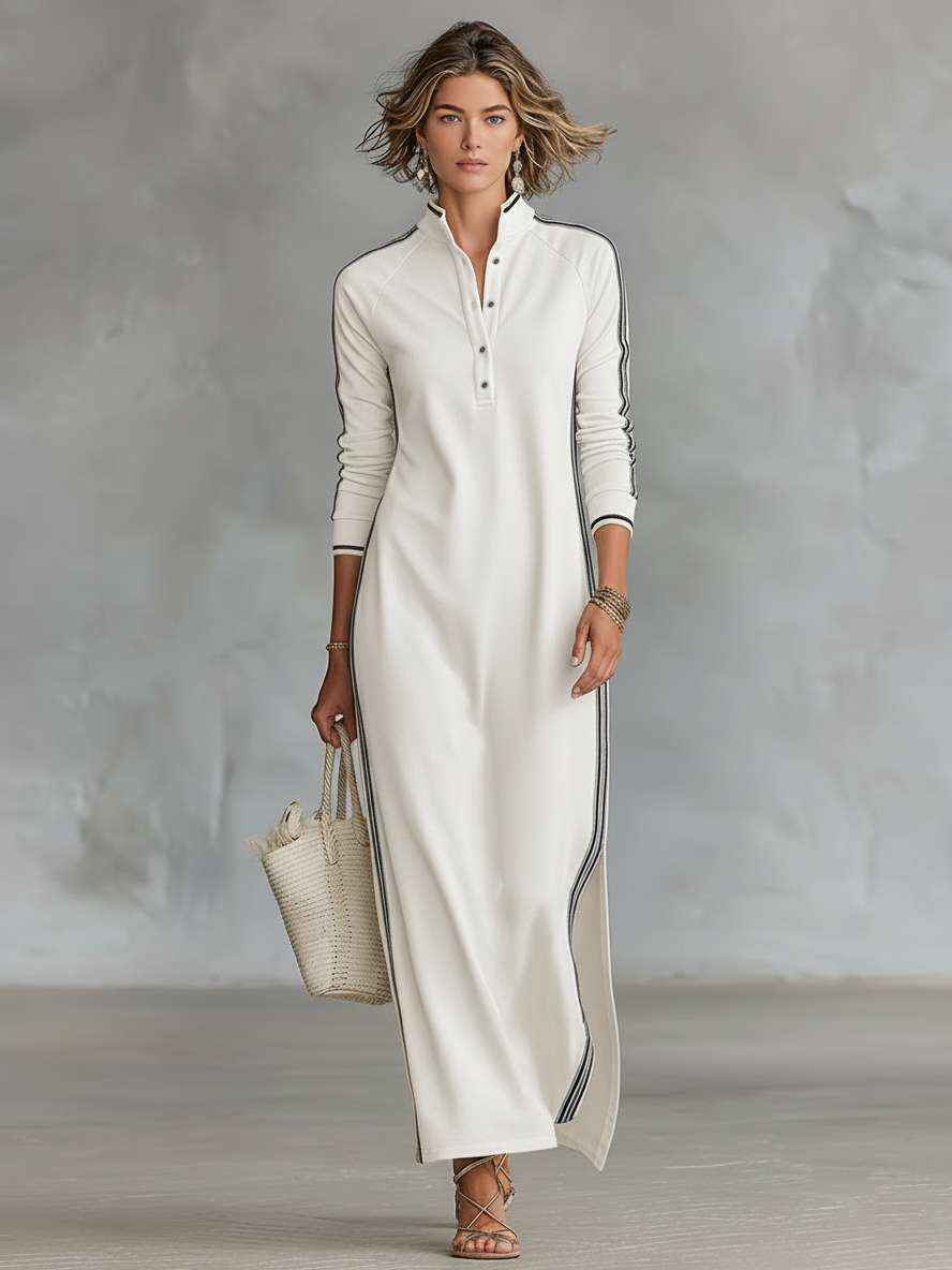 Women's White-Trimmed Button-Down Maxi Sweatshirt Dress for Casual Wear