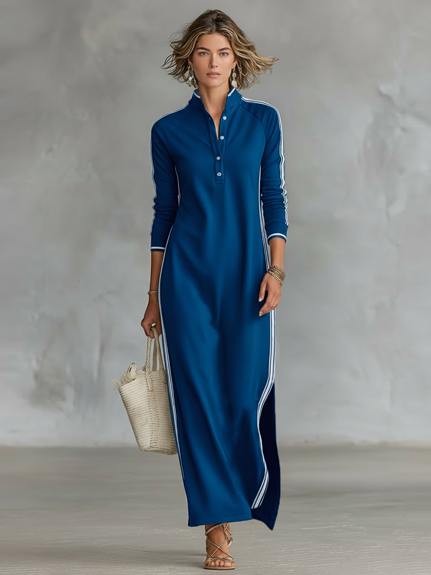Women's White-Trimmed Button-Down Maxi Sweatshirt Dress for Casual Wear
