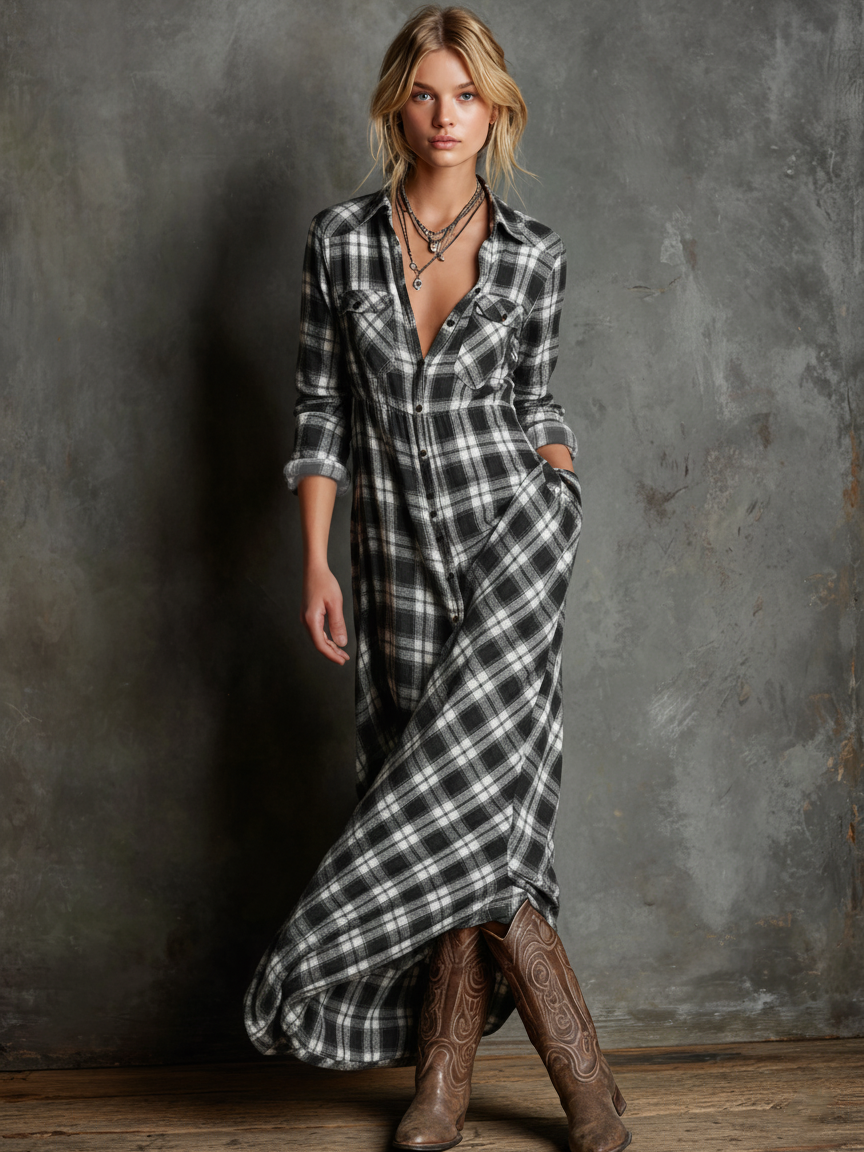 Plaid Maxi Dress for Women - Lapel, Single-Breasted, Casual Style