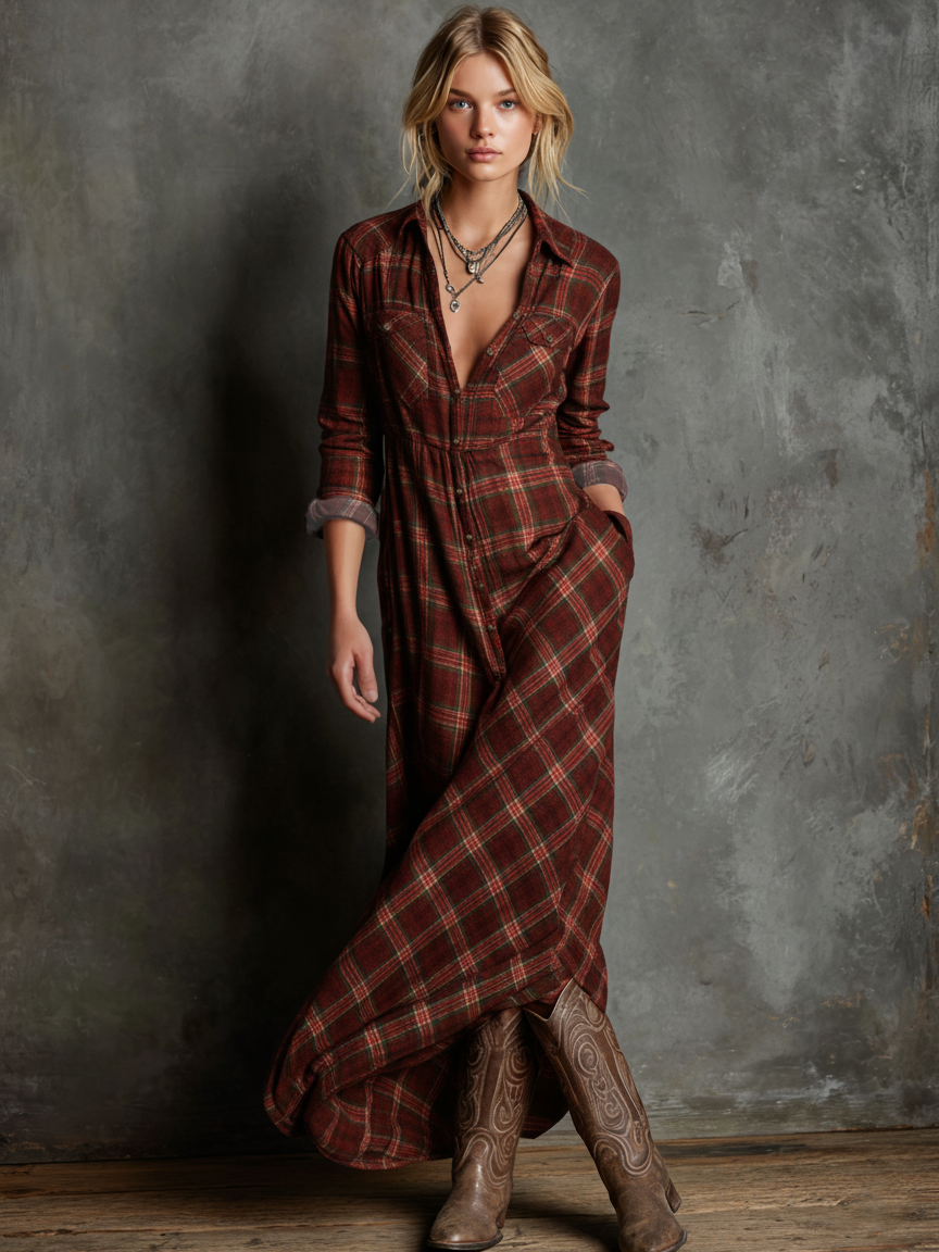Plaid Maxi Dress for Women - Lapel, Single-Breasted, Casual Style