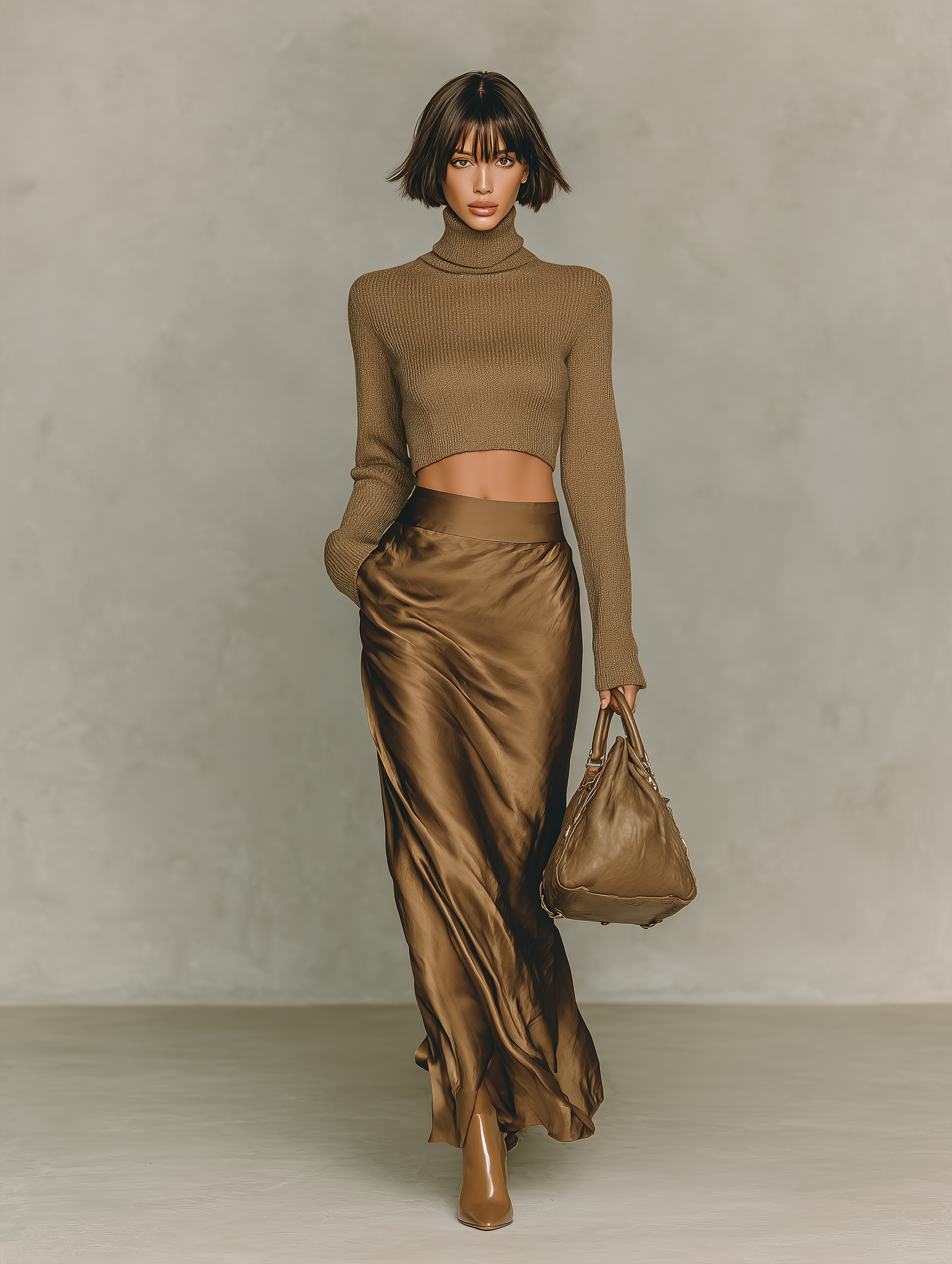 Gold-Brown Knit Turtleneck Top with Long Sleeves and Satin Midi Skirt Set