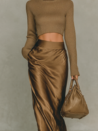 Gold-Brown Knit Turtleneck Top with Long Sleeves and Satin Midi Skirt Set