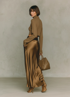 Gold-Brown Knit Turtleneck Top with Long Sleeves and Satin Midi Skirt Set