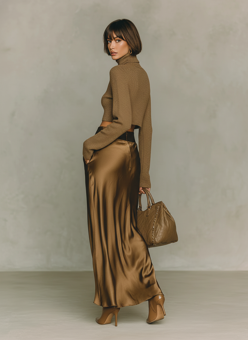 Gold-Brown Knit Turtleneck Top with Long Sleeves and Satin Midi Skirt Set