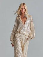 Gold Sequin Collared Half-Zip Wide-Leg Loungewear Set for Women