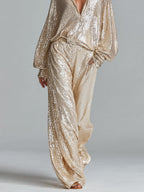 Gold Sequin Collared Half-Zip Wide-Leg Loungewear Set for Women
