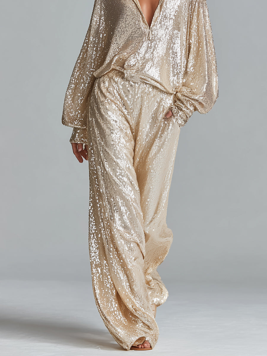 Gold Sequin Collared Half-Zip Wide-Leg Loungewear Set for Women