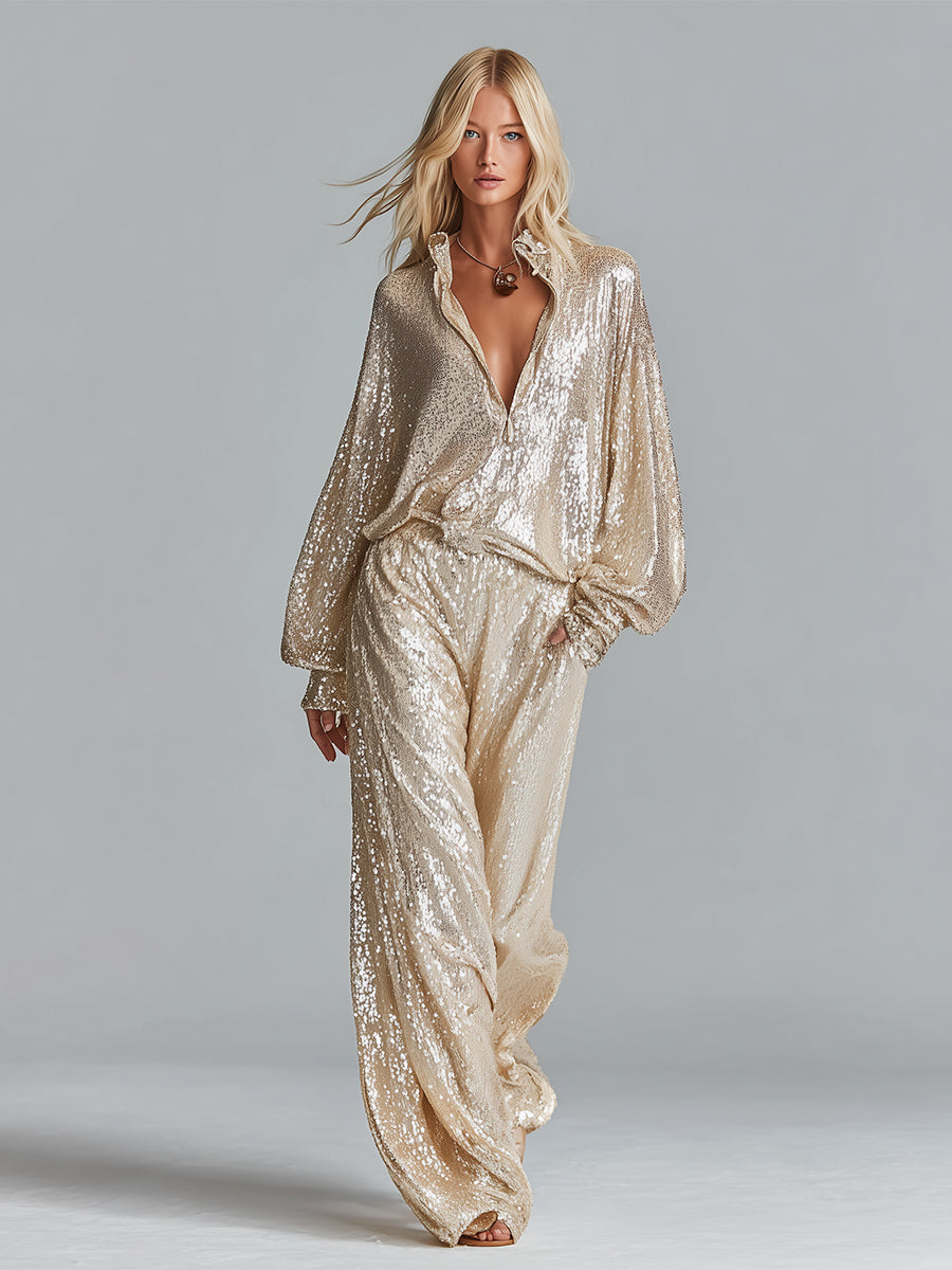 Gold Sequin Collared Half-Zip Wide-Leg Loungewear Set for Women