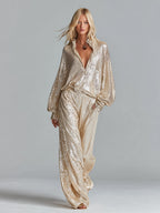 Gold Sequin Collared Half-Zip Wide-Leg Loungewear Set for Women