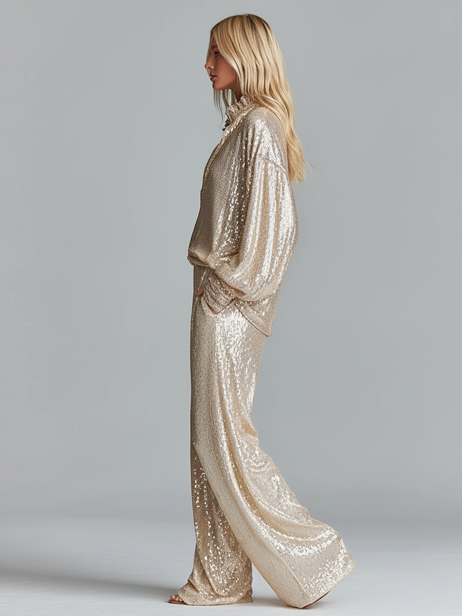 Gold Sequin Collared Half-Zip Wide-Leg Loungewear Set for Women