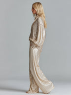 Gold Sequin Collared Half-Zip Wide-Leg Loungewear Set for Women