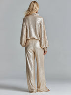 Gold Sequin Collared Half-Zip Wide-Leg Loungewear Set for Women