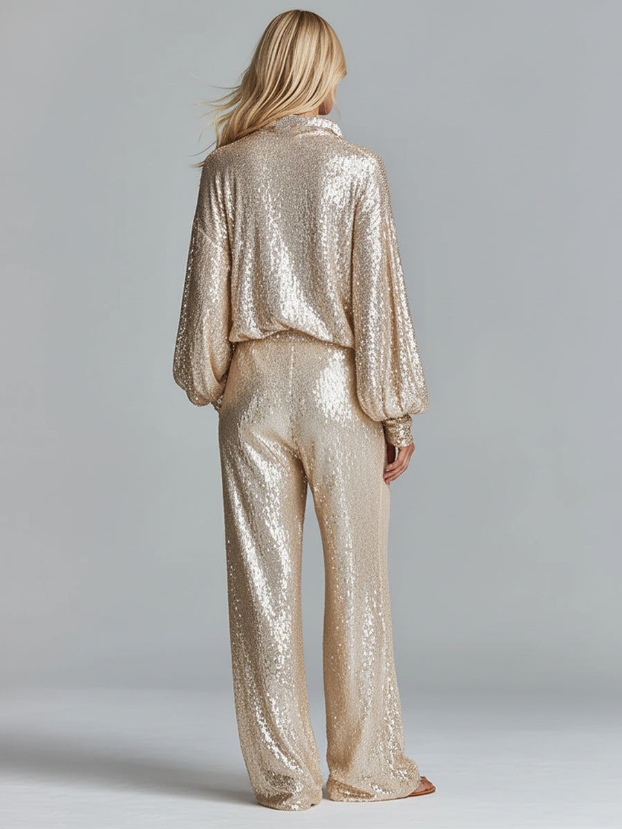 Gold Sequin Collared Half-Zip Wide-Leg Loungewear Set for Women