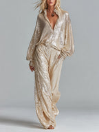 Gold Sequin Collared Half-Zip Wide-Leg Loungewear Set for Women