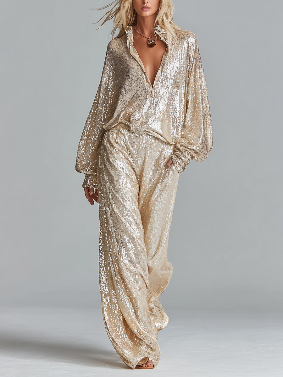 Gold Sequin Collared Half-Zip Wide-Leg Loungewear Set for Women