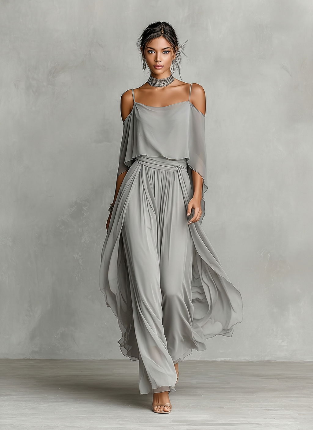 Grey Chiffon Cold-Shoulder Set with Flared Silhouette for Women