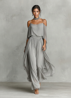 Grey Chiffon Cold-Shoulder Set with Flared Silhouette for Women