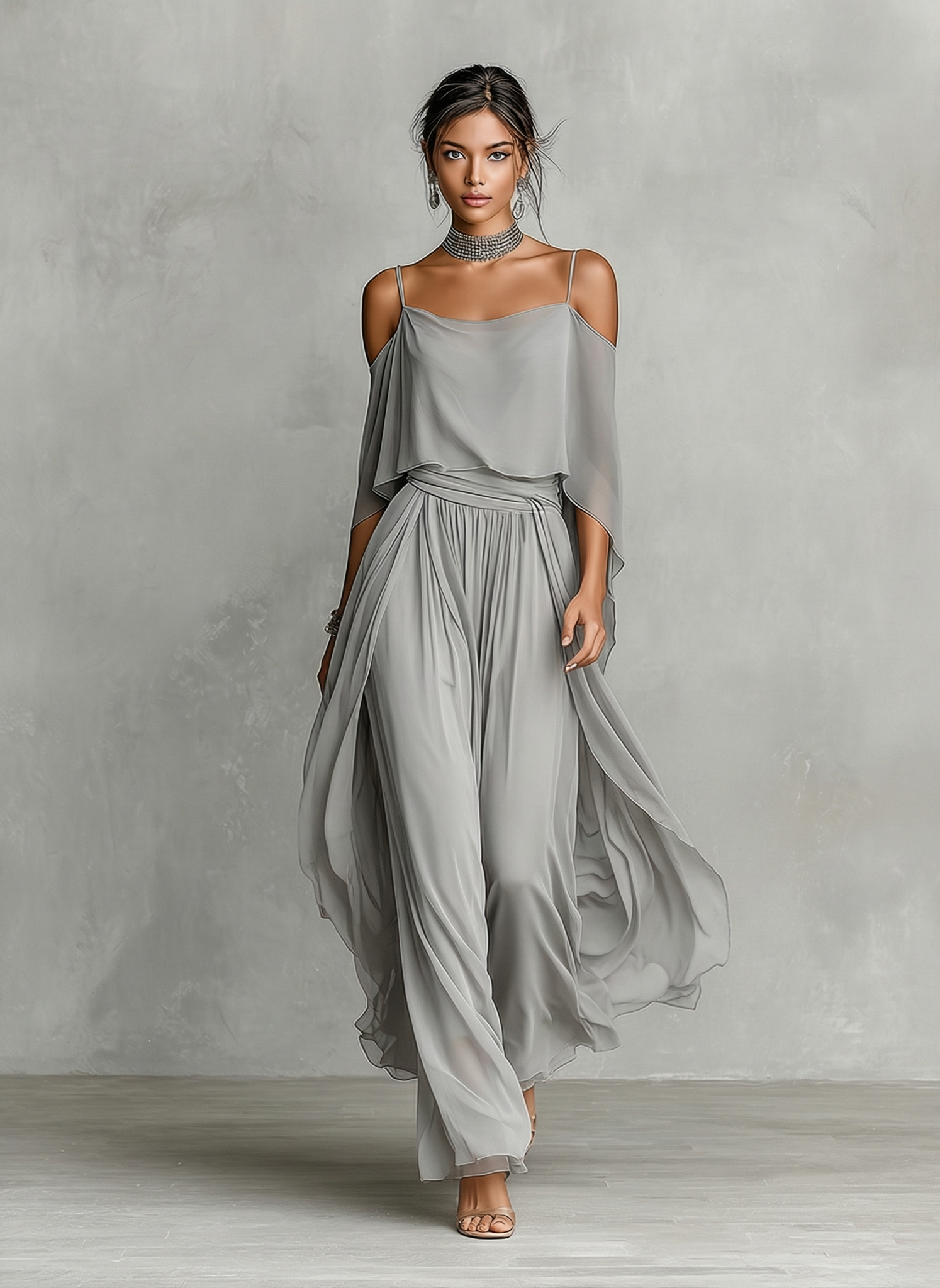Grey Chiffon Cold-Shoulder Set with Flared Silhouette for Women