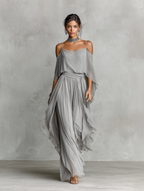 Grey Chiffon Cold-Shoulder Set with Flared Silhouette for Women