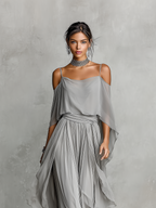 Grey Chiffon Cold-Shoulder Set with Flared Silhouette for Women