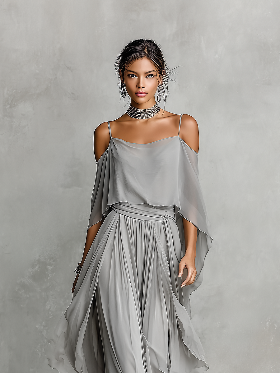 Grey Chiffon Cold-Shoulder Set with Flared Silhouette for Women