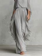 Grey Chiffon Cold-Shoulder Set with Flared Silhouette for Women